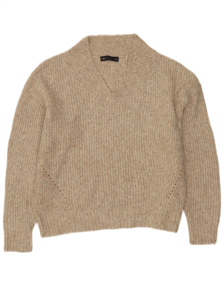 MARKS & SPENCER Womens Crop V-Neck Jumper Sweater UK 14 Medium Beige
