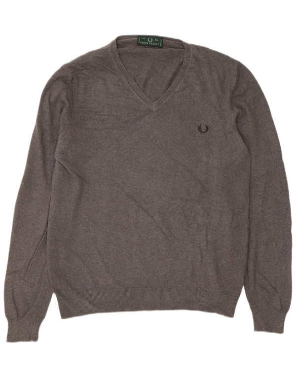 Fred Perry Mens V-Neck Jumper Sweater XL Grey Wool