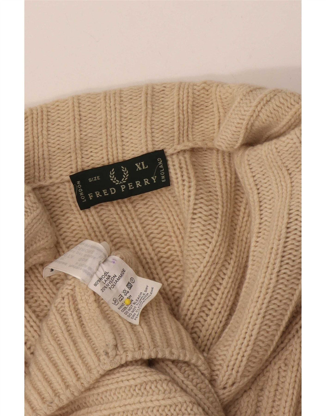 Fred Perry Mens Full Zip Cardigan Sweater XL Beige Wool