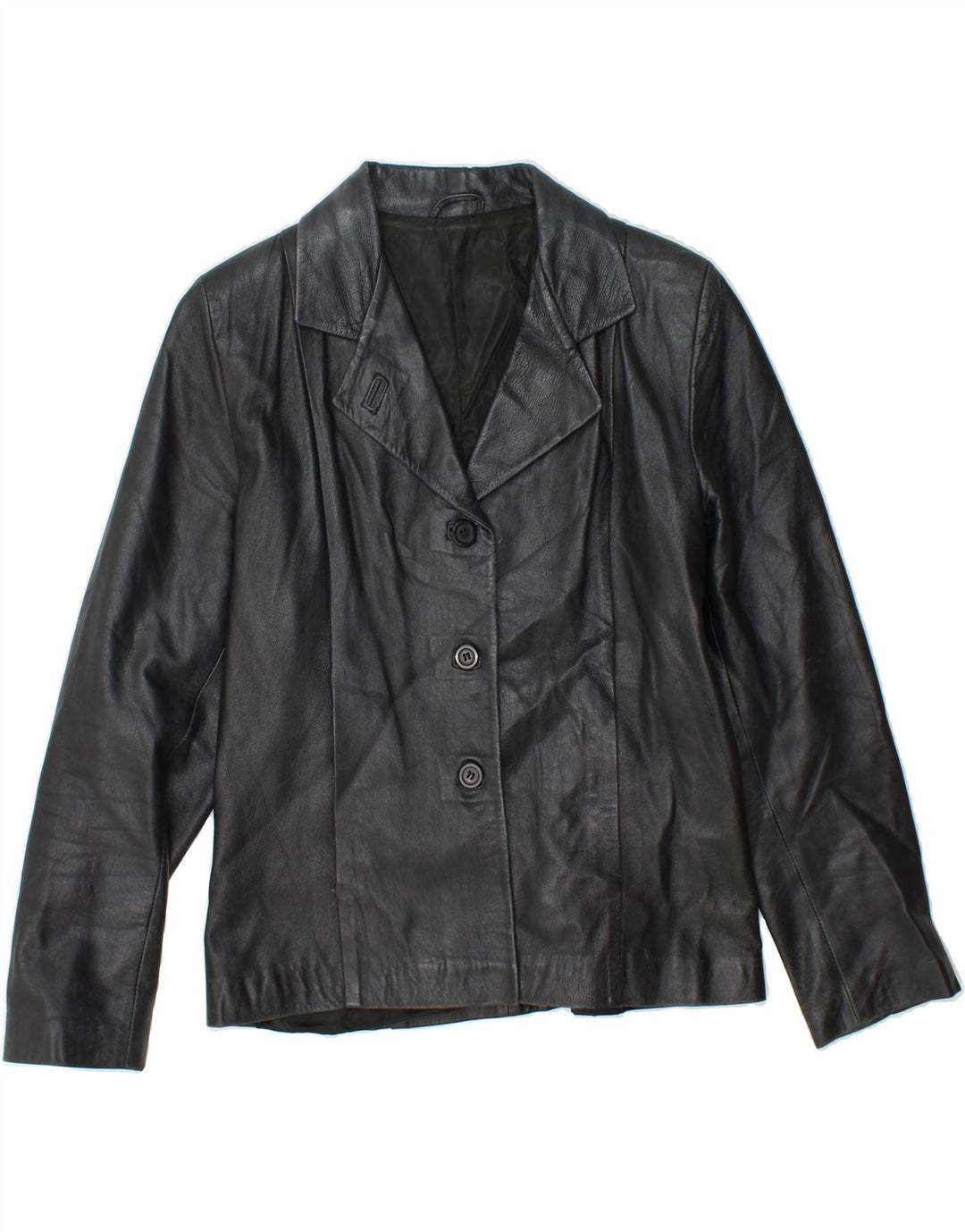 VINTAGE Womens 3 Button Leather Blazer Jacket UK 14 Medium Black Leather Vintage Vintage and Second-Hand Vintage from Messina Hembry 