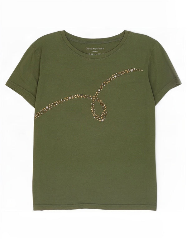 Calvin Klein T-shirt grafica corta da donna Top UK 10 Small Cotone verde