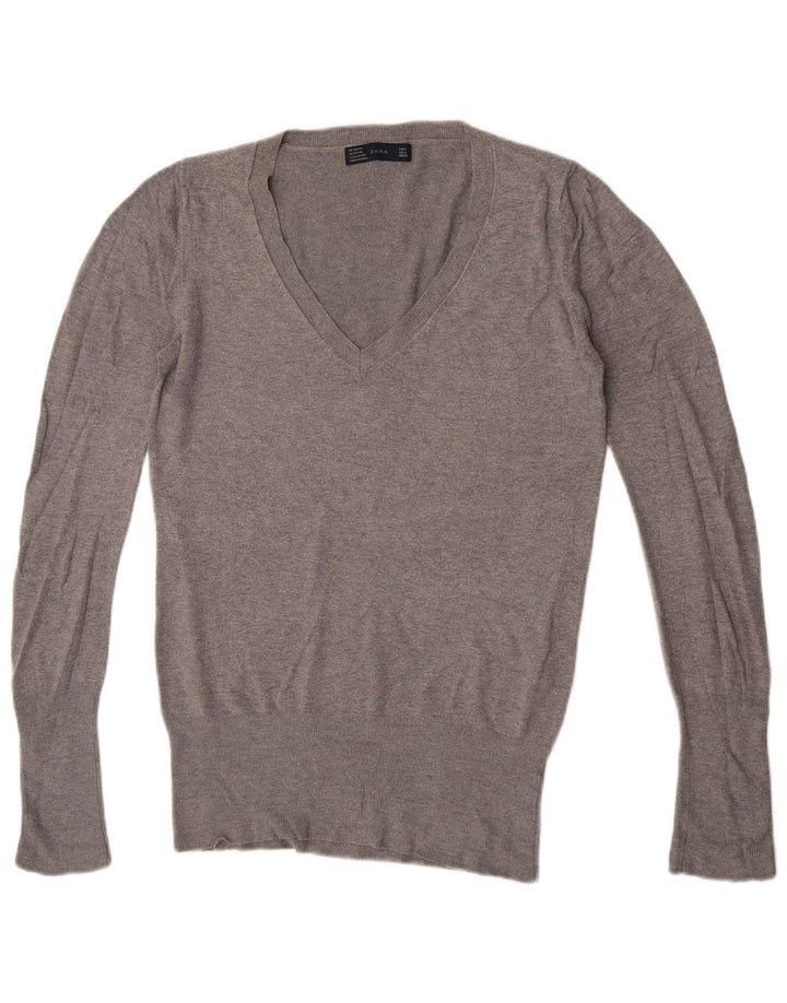 Zara Mens V-Neck Jumper Sweater Large Grey Flecked Rayon