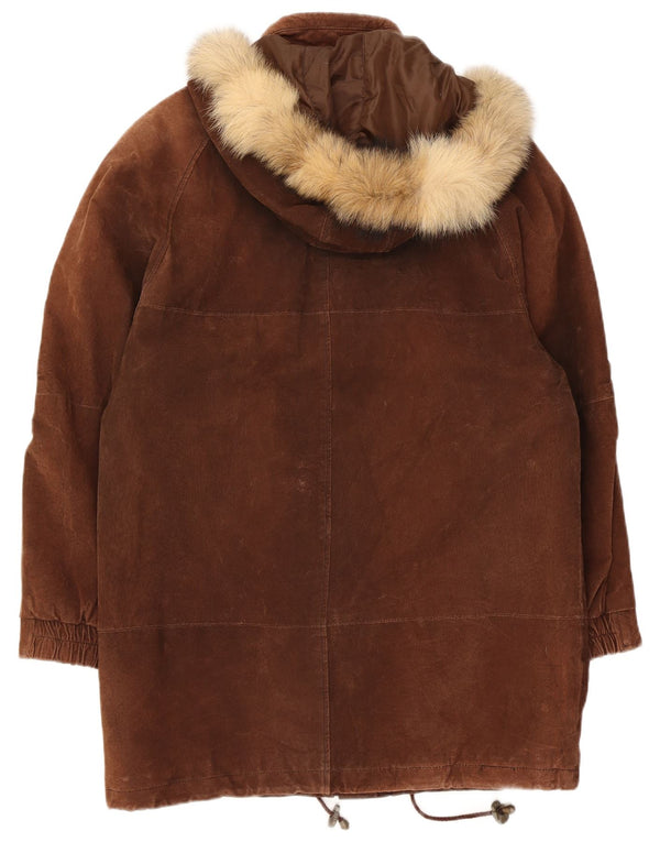 Soprabito vintage in pelle scamosciata con cappuccio da donna UK 14 grande in pelle marrone
