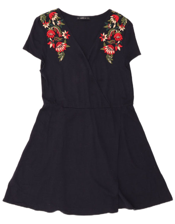 Zara Womens A-Line Dress UK 12 Medium Navy Blue Floral Cotton