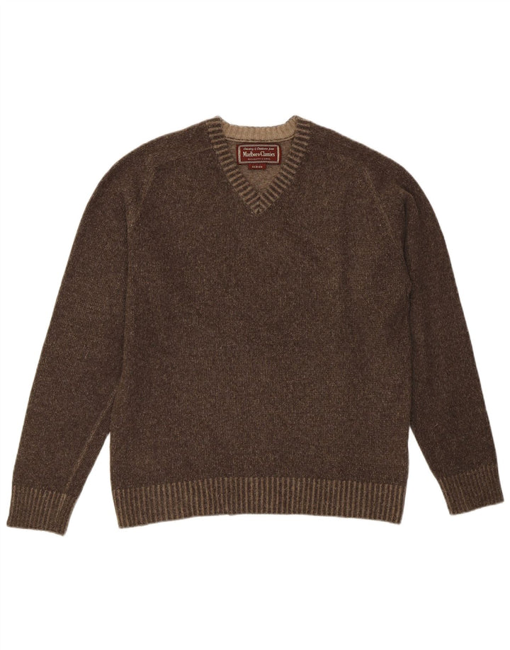 Marlboro Classics Womens V-Neck Jumper Sweater UK 14 Medium Brown Wool