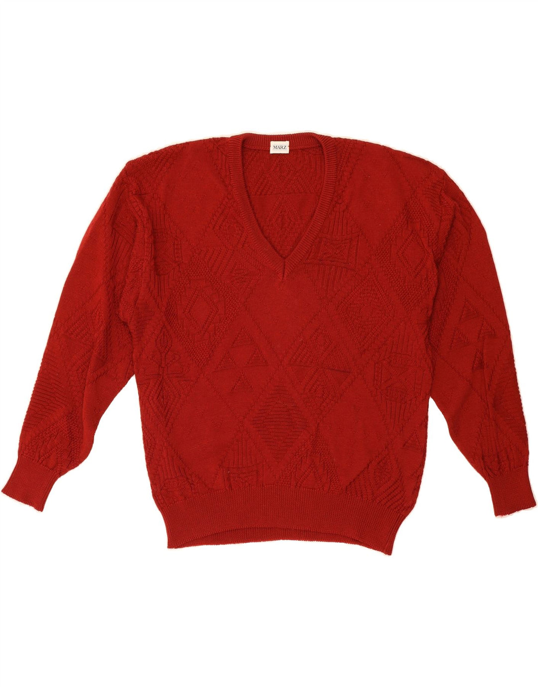 MARZ Mens V-Neck Jumper Sweater Large Red Argyle/Diamond Wool Vintage Marz and Second-Hand Marz from Messina Hembry 