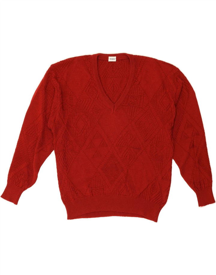 MARZ Mens V-Neck Jumper Sweater Large Red Argyle/Diamond Wool Vintage Marz and Second-Hand Marz from Messina Hembry 