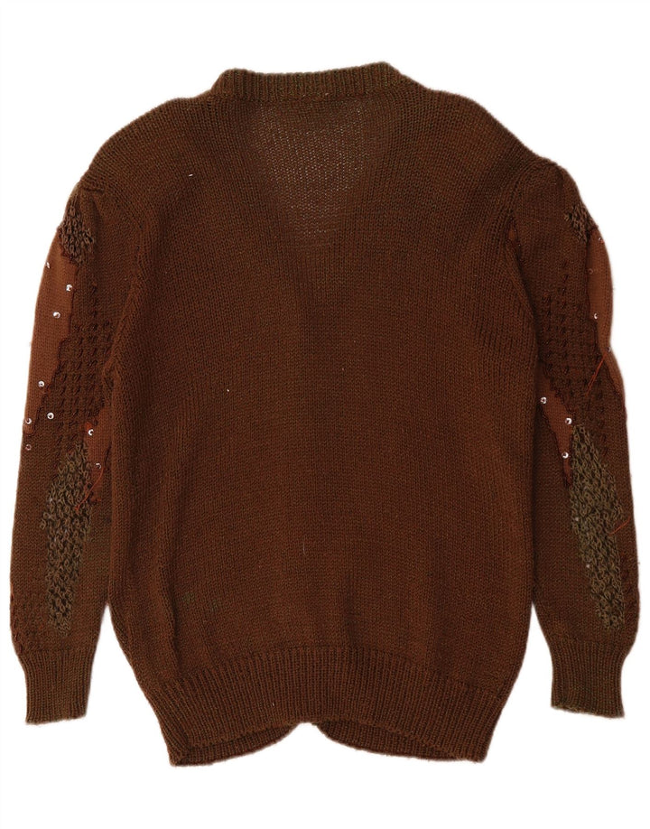 vintage Femmes Motif Abstrait Cardigan Pull UK 14 Brun Moyen