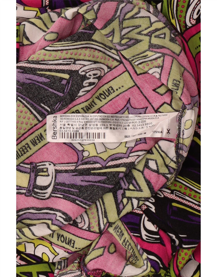 BERSHKA Mens Graphic Short Sleeve Shirt Medium Multicoloured Viscose