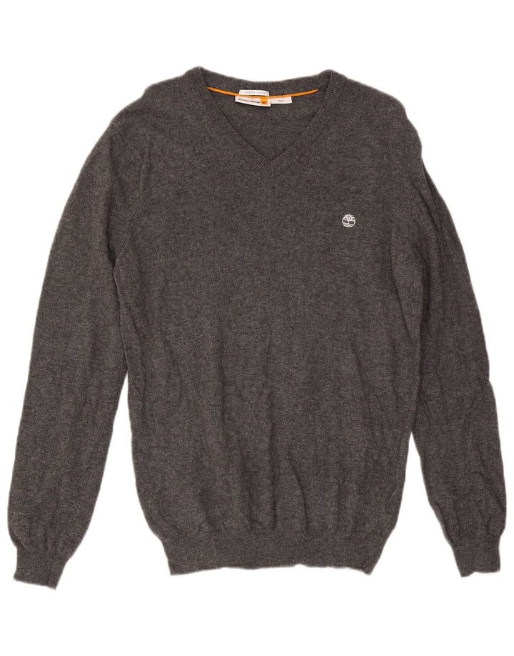 Timberland Mens V-Neck Jumper Sweater Medium Grey Wool