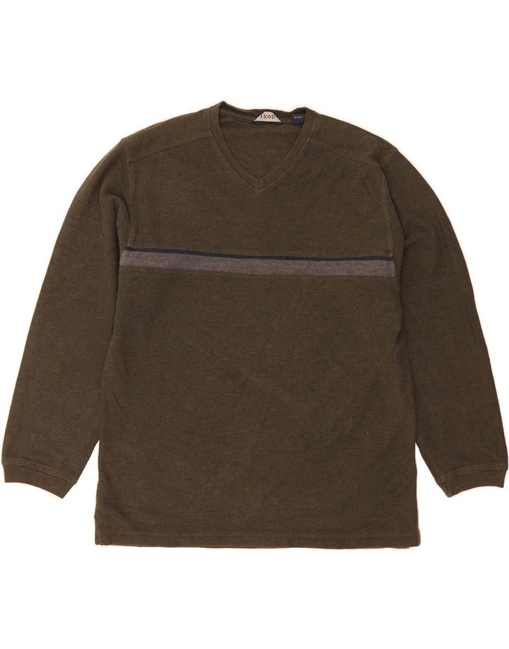 IZOD Mens V-Neck Jumper Sweater Medium Khaki Striped Cotton Vintage Izod and Second-Hand Izod from Messina Hembry 