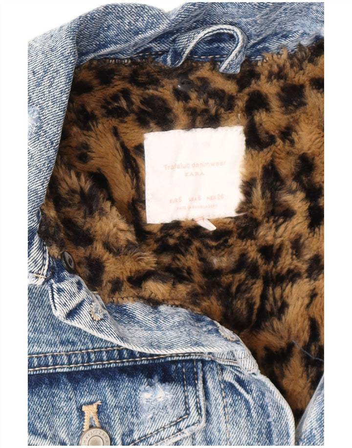 Zara Womens Oversized Distressed Sherpa Denim Coat UK 10 Small Blue