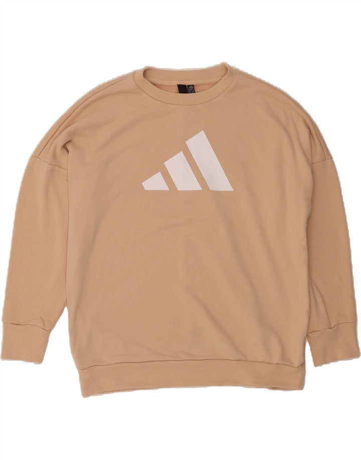 ADIDAS Womens Oversized Graphic Sweatshirt Jumper UK 12/14 Medium Beige Vintage Adidas and Second-Hand Adidas from Messina Hembry 