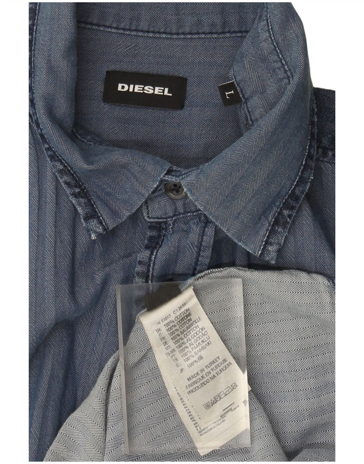Diesel Mens Shirt Large Navy Blue Herringbone Cotton