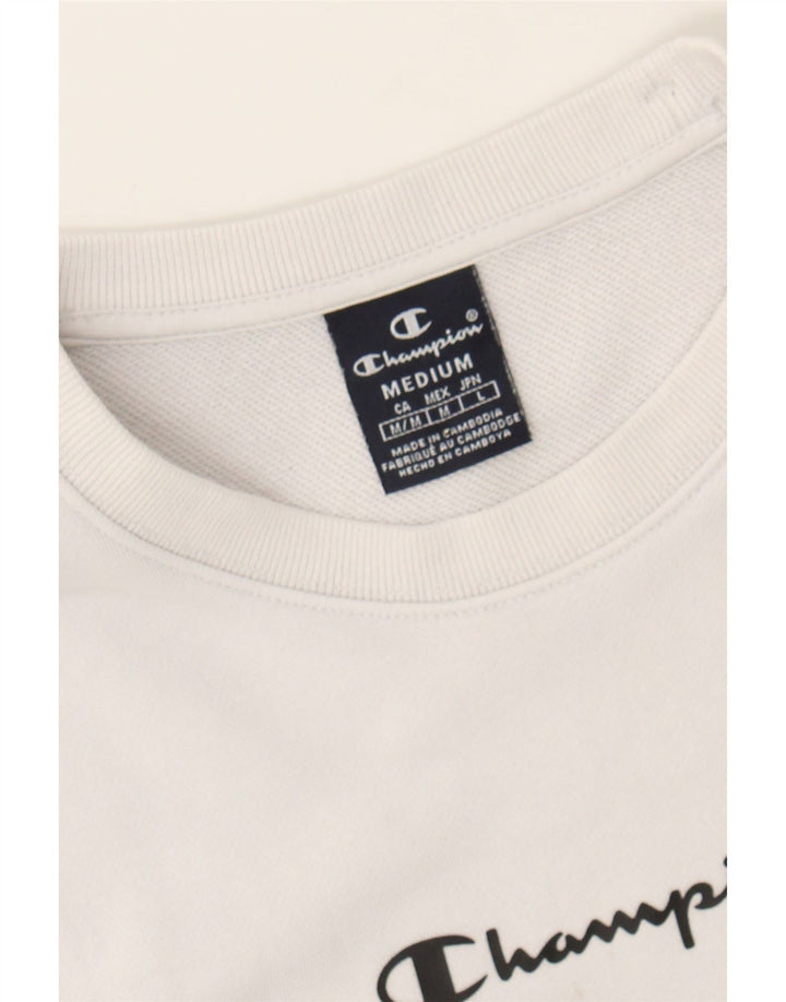 CHAMPION Mens Graphic Sweatshirt Jumper Medium White Cotton Vintage Champion and Second-Hand Champion from Messina Hembry 