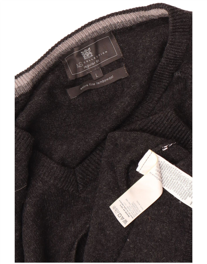 Marks & Spencer Mens Regular Fit V-Neck Jumper Sweater Large Grey Wool