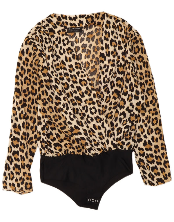 Zara Body Manga Larga Mujer UK 40 Small Marrón Animal Print Poliamida