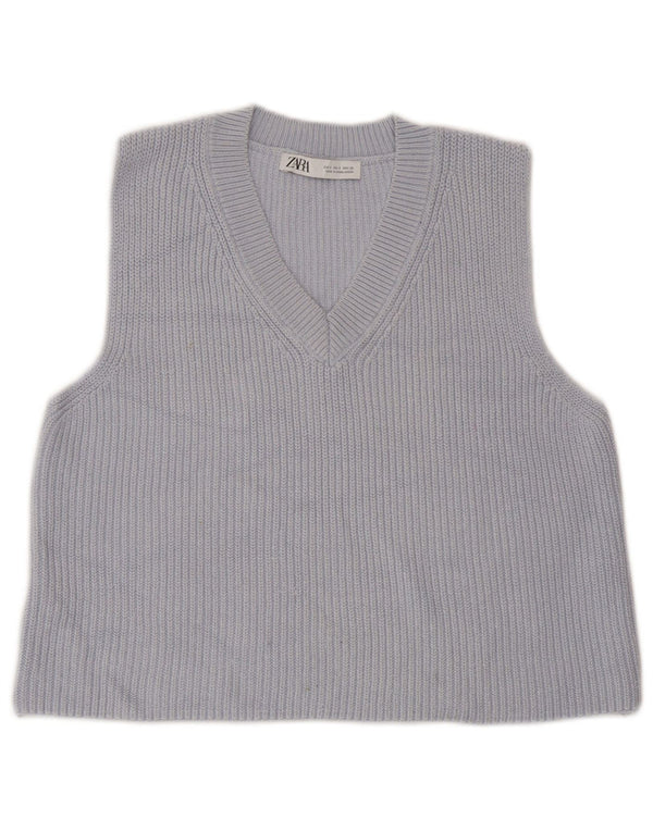 Zara Womens Crop Vest Tank Top UK 10 Small Blue Cotton