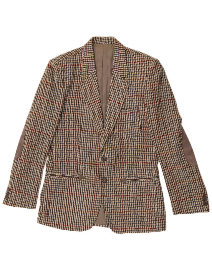 vintage Homme 2 Bouton Blazer Veste IT 46 Petite Laine Beige Pied-de-Poule