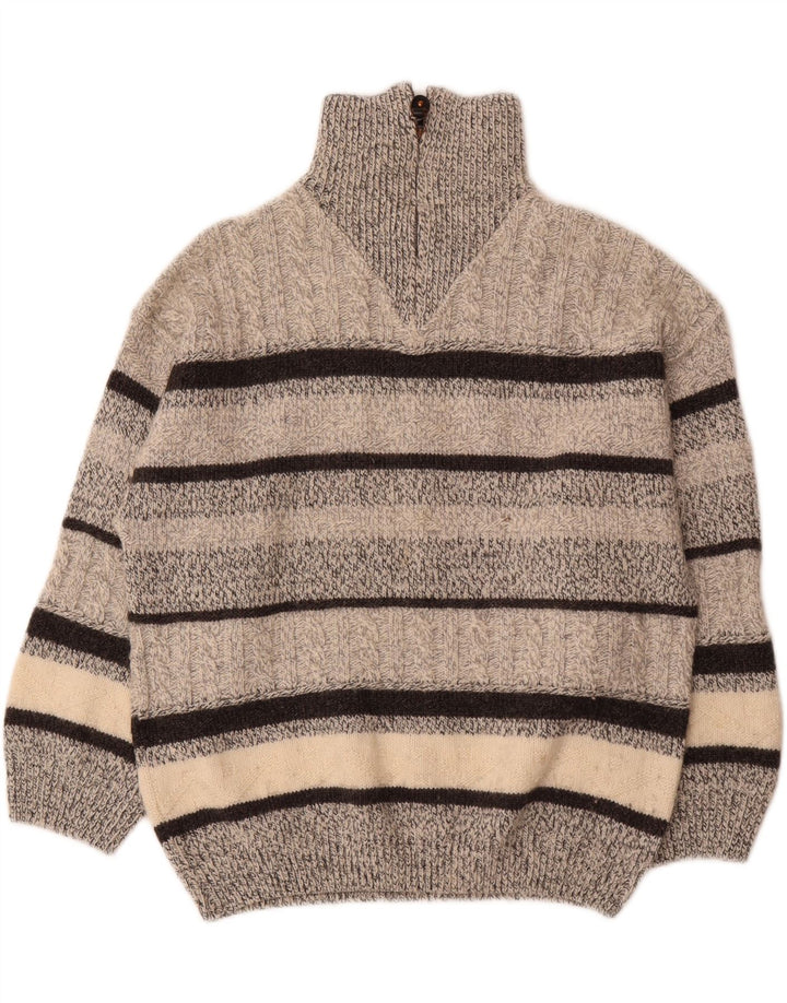 CAMARGUE Mens Zip Neck Jumper Sweater Large Grey Striped Polyacrylic