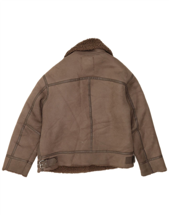 Zara Womens Sherpa Oversized Biker Jacket UK 10 Small Brown