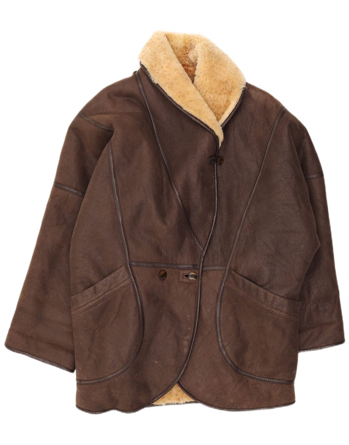 Vintage Womens Oversized Shearling Coat EU 42 Large Brown Shearling