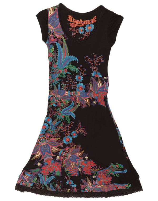 Desigual Robe trapèze graphique pour femme UK 8 Petite viscose florale noire