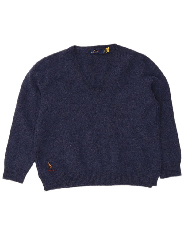 Polo Ralph Lauren Womens V-Neck Jumper Sweater UK 14 Large Navy Blue Wool