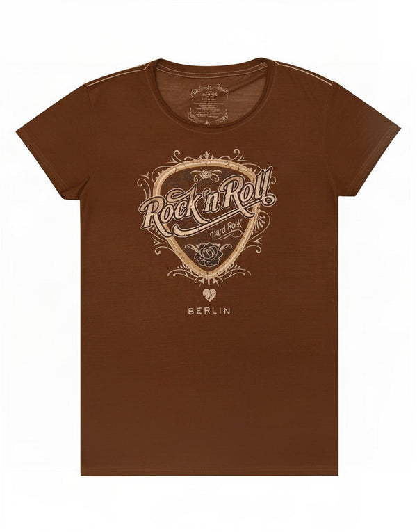 Hard Rock Cafe Dame Berlin Grafisk T-Shirt Top UK 12 Medium Brun Bomuld