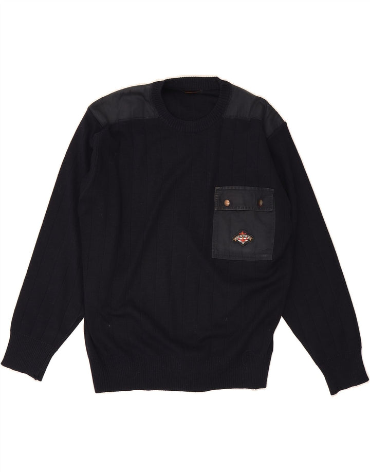 VINTAGE Mens Crew Neck Jumper Sweater Medium Navy Blue Wool Vintage Vintage and Second-Hand Vintage from Messina Hembry 