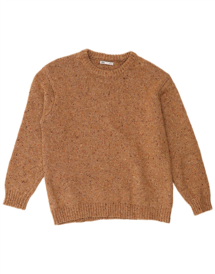 Zara Womens Crew Neck Jumper Sweater UK 14 Medium Brown Flecked Polyester