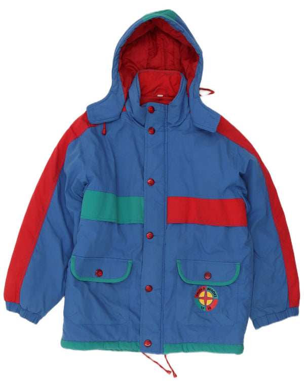 Giacca da sci vintage da uomo con cappuccio grafico UK 40 Large Blue Colourblock
