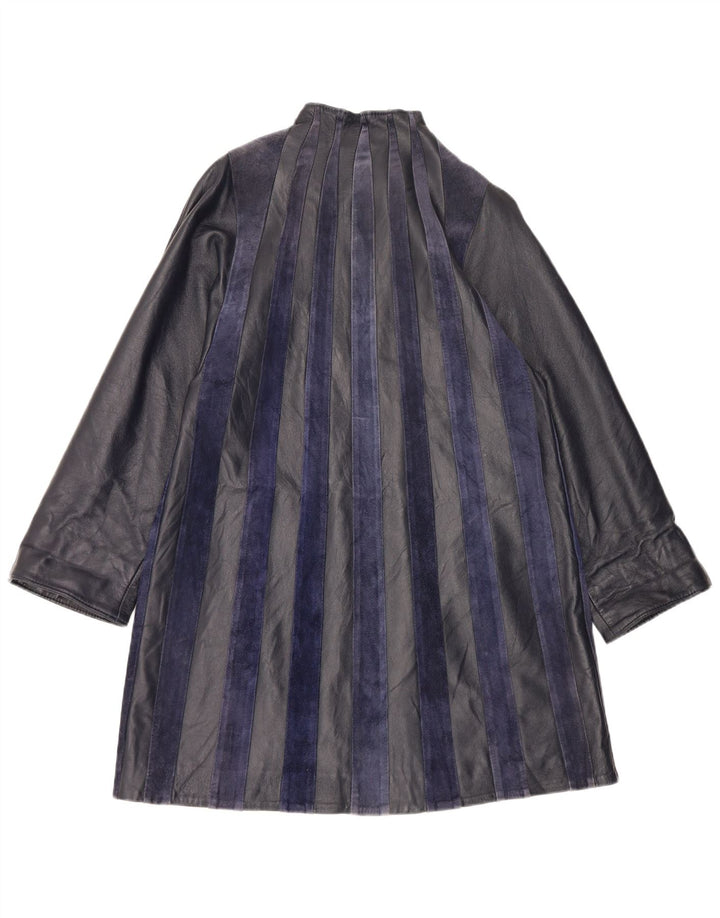Vintage Womens Leather Coat UK 14 Medium Navy Blue Striped