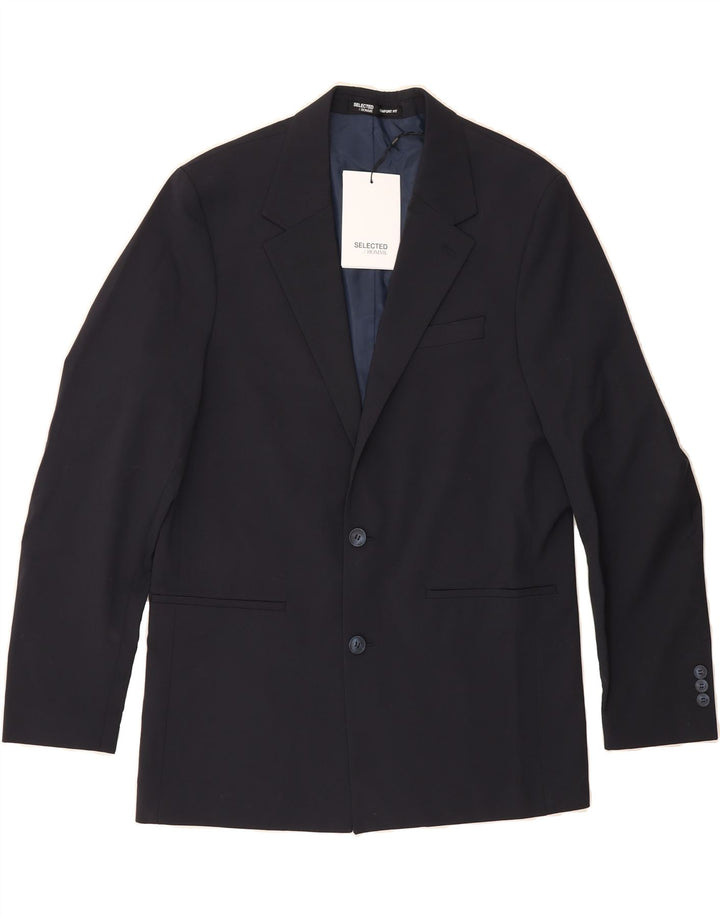 SELECTED Mens 2 Button Blazer Jacket UK 38 Medium Navy Blue Polyester Vintage Selected and Second-Hand Selected from Messina Hembry 