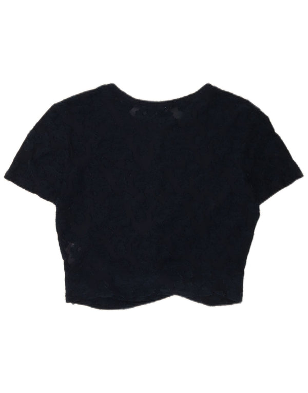 Zara Womens Crop Blondebluse Top UK 14 Large Navy Blue Floral Polyester
