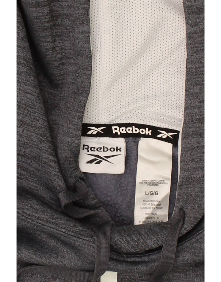 REEBOK Mens Graphic Hoodie Jumper Large Grey Polyester Vintage Reebok and Second-Hand Reebok from Messina Hembry 