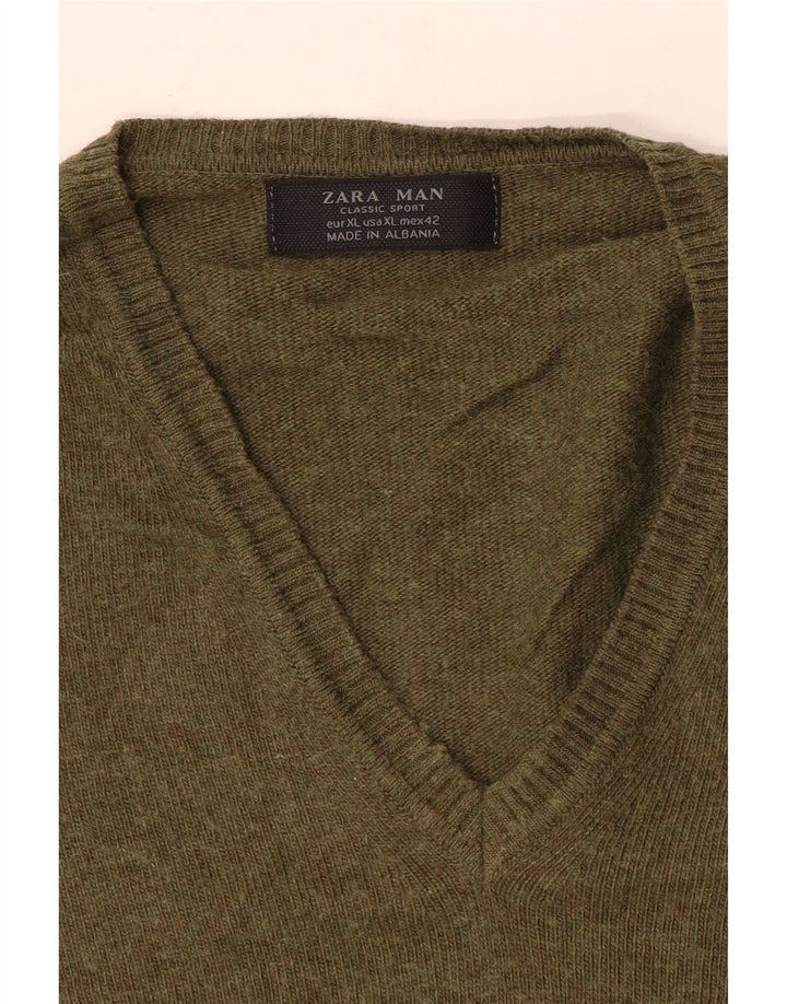 Zara Mens V-Neck Jumper Sweater XL Khaki