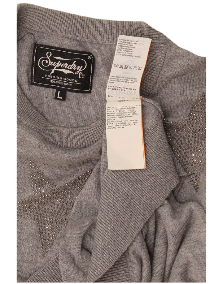 Superdry Womens Abstract Pattern Crew Neck Jumper Sweater UK 16 Large Grey