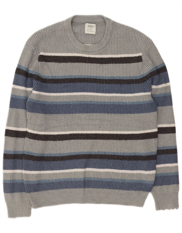 Maglione maglione girocollo da uomo Marks & Spencer, poliammide a righe grigie grandi