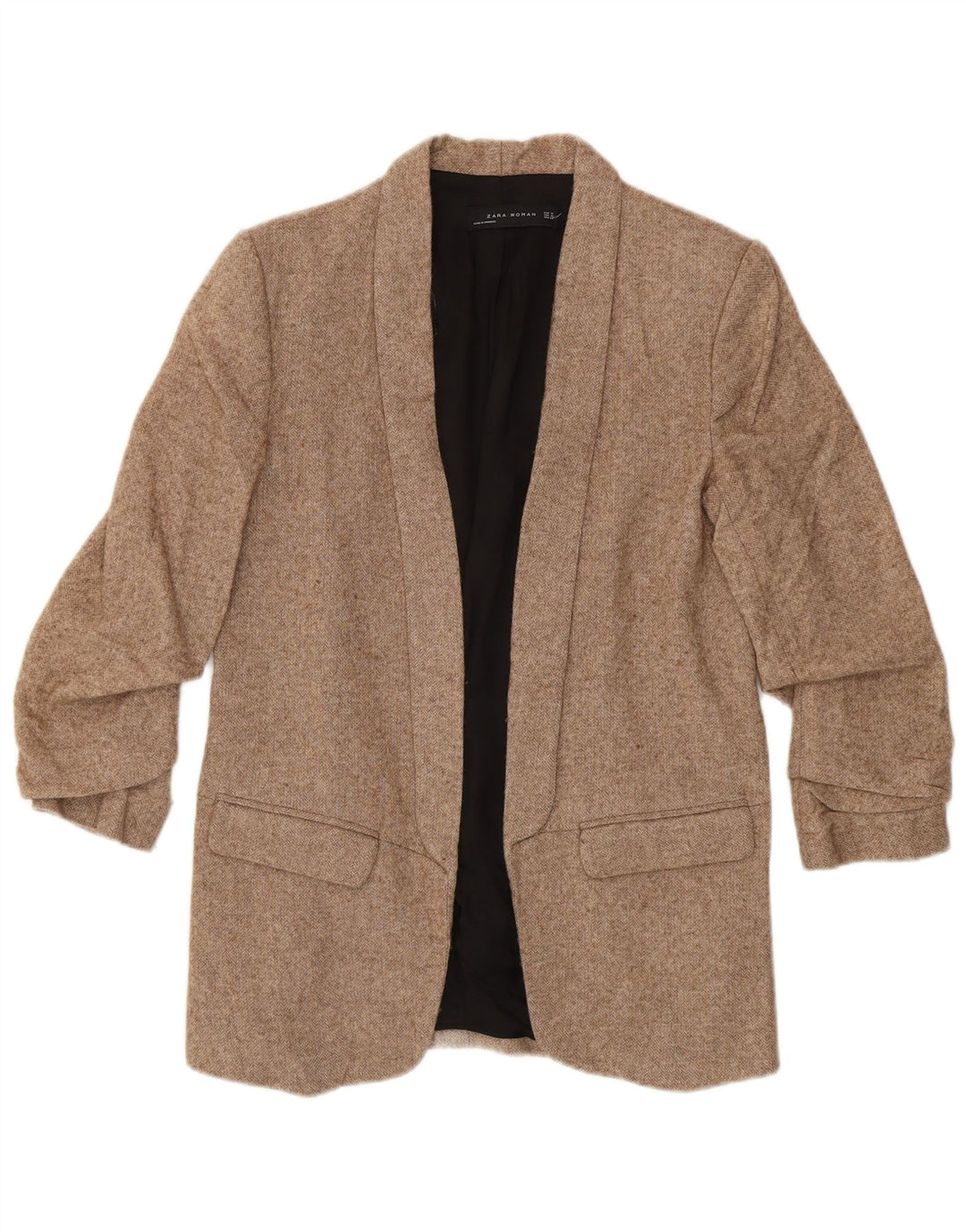 ZARA Womens 3/4 Sleeve Open Blazer Jacket UK 14 Medium Beige Wool
