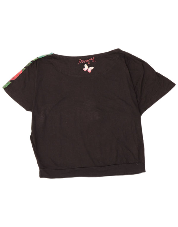 Desigual Dame Grafisk T-Shirt Top UK 16 Stor Sort Blomster Bomuld