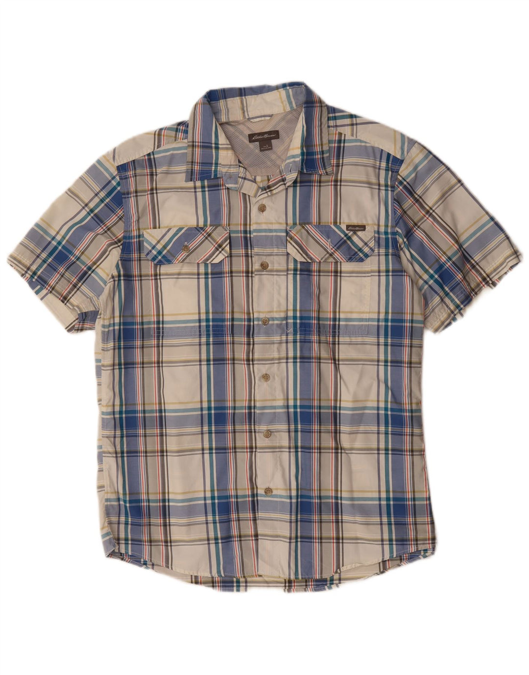 EDDIE BAUER Mens Short Sleeve Shirt Large Blue Check Cotton