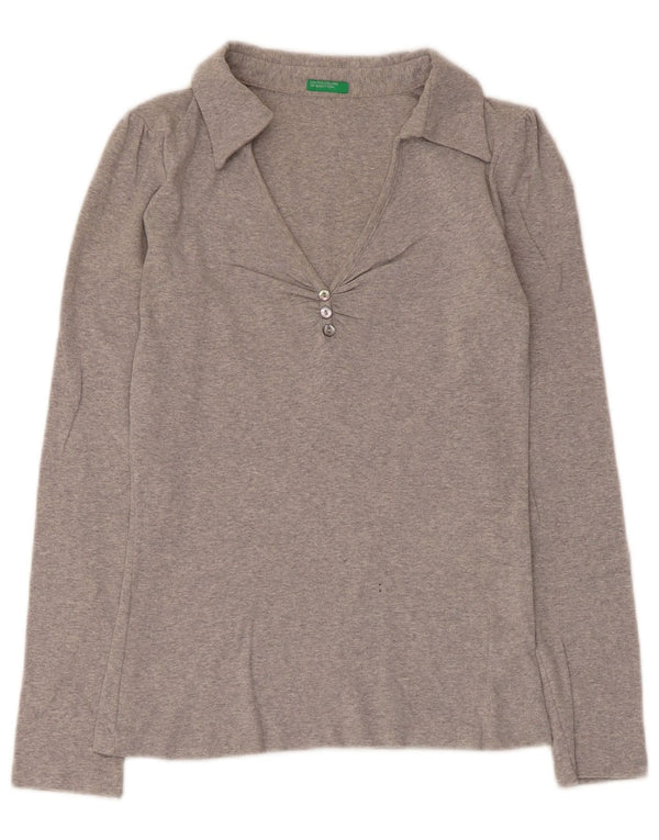 Benetton Damen-Langarm-Poloshirt in normaler Größe, UK 10, Größe S, Grau, Baumwolle