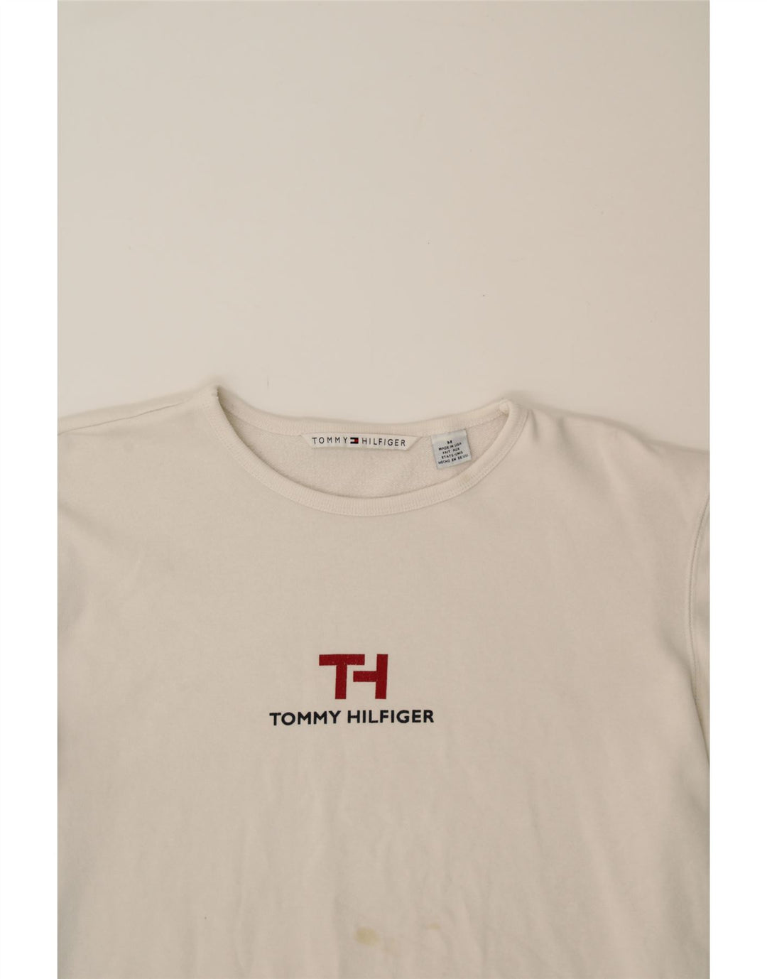 TOMMY HILFIGER Womens Graphic Sweatshirt Jumper UK 14 Medium Off White Vintage Tommy Hilfiger and Second-Hand Tommy Hilfiger from Messina Hembry 