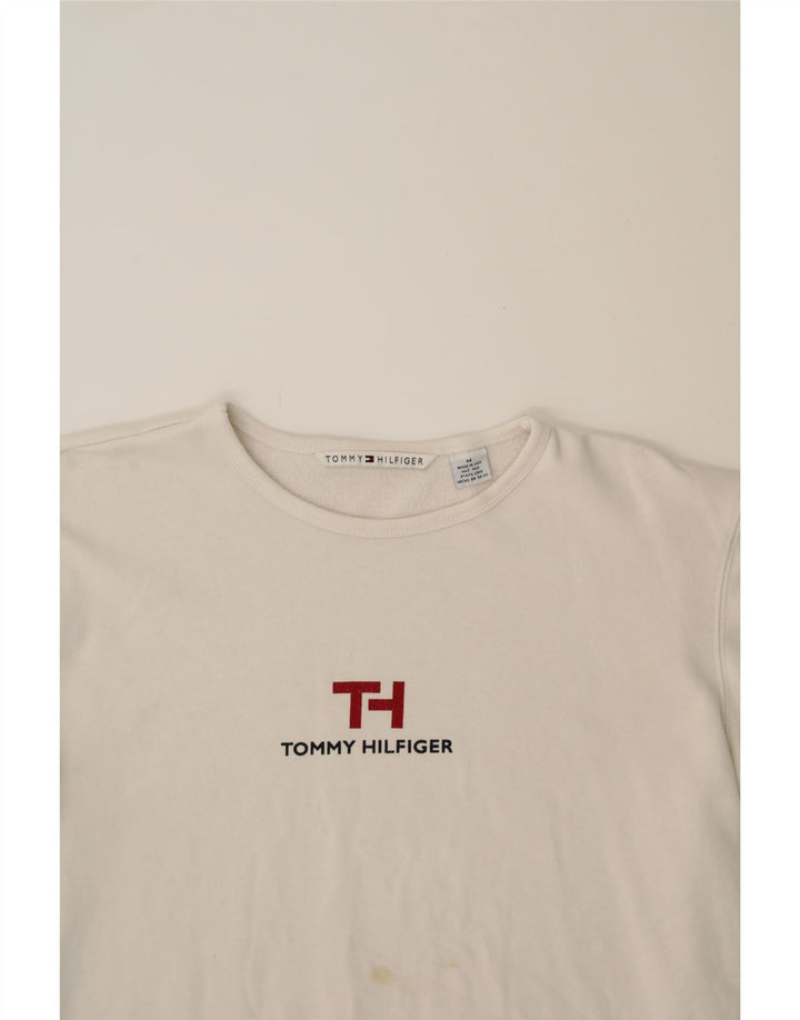 TOMMY HILFIGER Womens Graphic Sweatshirt Jumper UK 14 Medium Off White Vintage Tommy Hilfiger and Second-Hand Tommy Hilfiger from Messina Hembry 