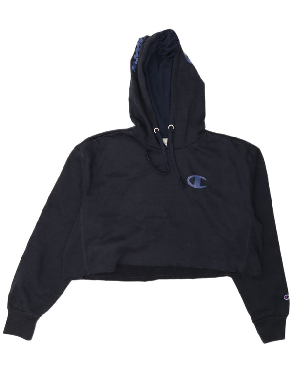 Champion Damen Crop Graphic Hoodie Pullover UK 16 Large Marineblau Baumwolle