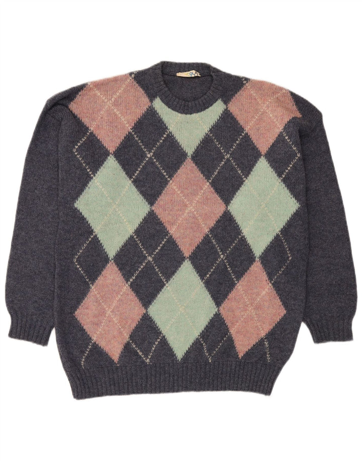 VINTAGE Mens Crew Neck Jumper Sweater Large Blue Argyle/Diamond