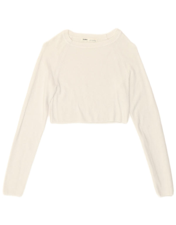 Pull & Bear Top corto da donna a maniche lunghe UK 8 Small Bianco in viscosa