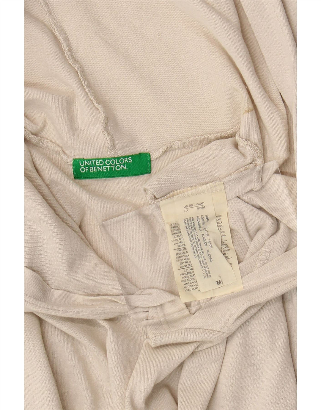 Benetton Mens Hooded T-Shirt Top Medium Off White Cotton