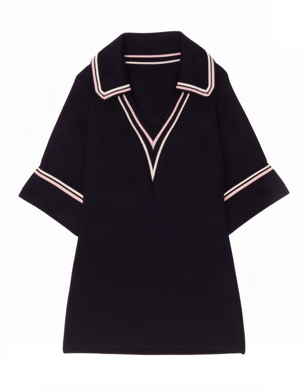 Maglione vintage da donna con collo a polo UK 4 XS a righe blu navy
